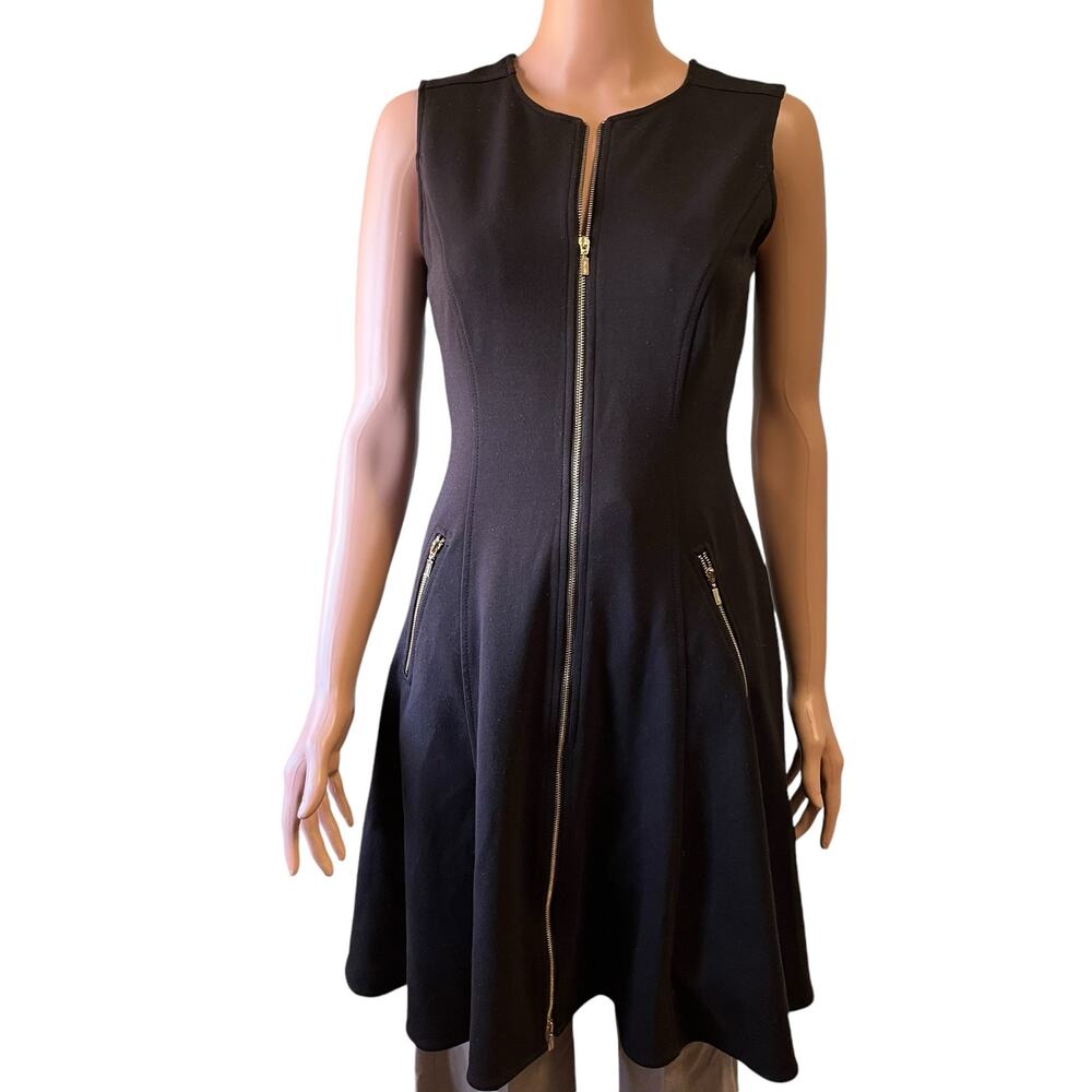 Calvin Klein Fit And Flare Sleeveless Knit Dress 4 Gold Zipper Office Business